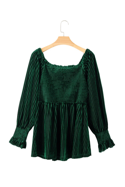 Smocked Ribbed Velvet Long Sleeve Babydoll Blouse