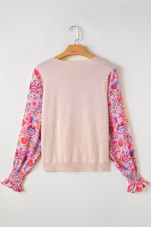 Smocked Ruffle Cuff Mixed Media Floral Sweater