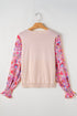 Smocked Ruffle Cuff Mixed Media Floral Sweater