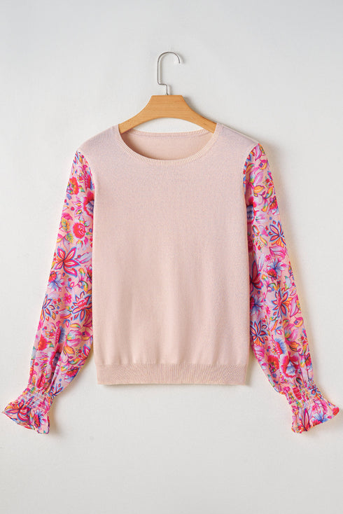 Smocked Ruffle Cuff Mixed Media Floral Sweater
