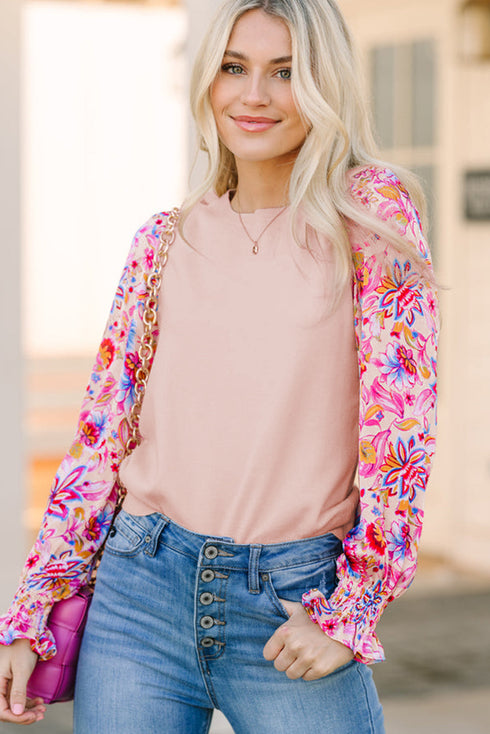 Smocked Ruffle Cuff Mixed Media Floral Sweater