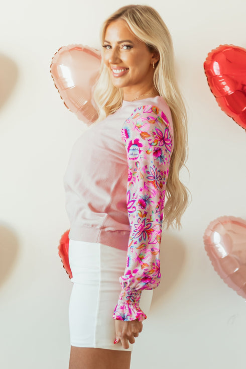 Smocked Ruffle Cuff Mixed Media Floral Sweater