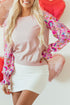Smocked Ruffle Cuff Mixed Media Floral Sweater