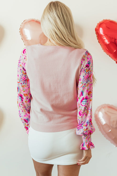 Smocked Ruffle Cuff Mixed Media Floral Sweater