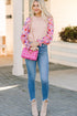 Smocked Ruffle Cuff Mixed Media Floral Sweater