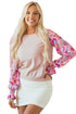 Smocked Ruffle Cuff Mixed Media Floral Sweater
