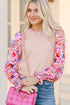 Smocked Ruffle Cuff Mixed Media Floral Sweater
