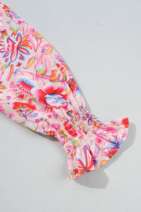 Smocked Ruffle Cuff Mixed Media Floral Sweater