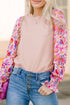 Smocked Ruffle Cuff Mixed Media Floral Sweater
