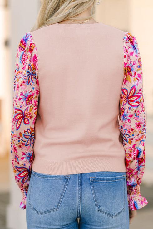 Smocked Ruffle Cuff Mixed Media Floral Sweater