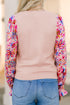 Smocked Ruffle Cuff Mixed Media Floral Sweater