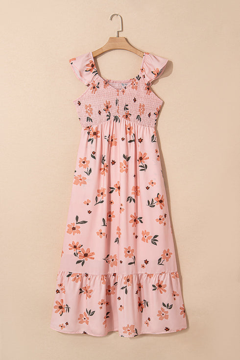 Smocked Ruffle Hem Floral Vacation Maxi Dress