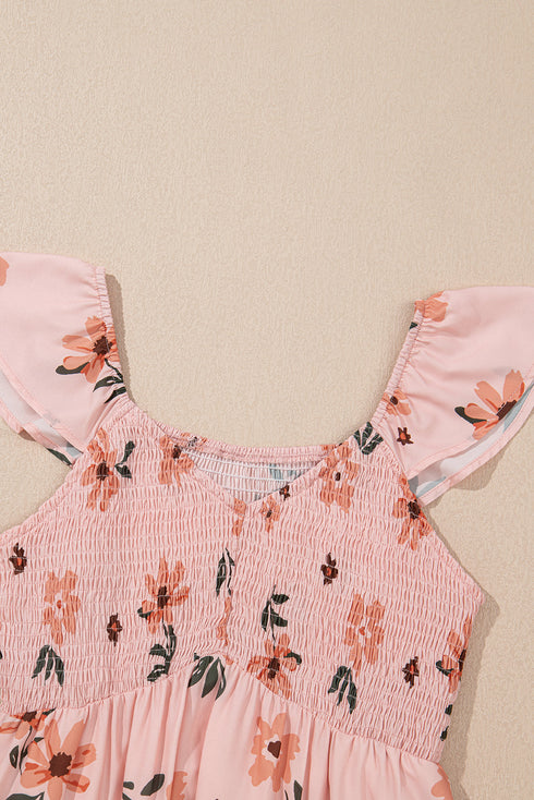 Smocked Ruffle Hem Floral Vacation Maxi Dress