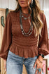 Smocked Ruffle Hem Long Sleeve Western Blouse