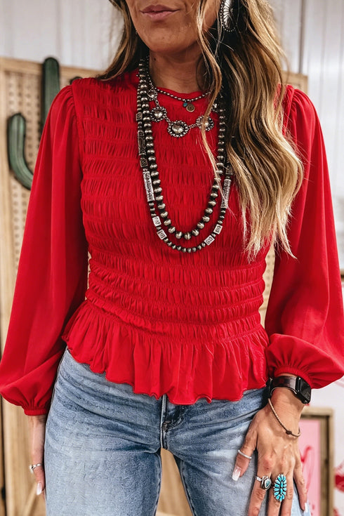 Smocked Ruffle Hem Long Sleeve Western Blouse
