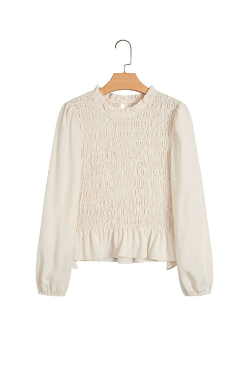 Smocked Ruffle Hem Unprinted Long Sleeve Blouse