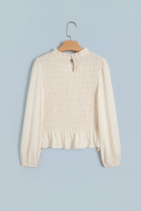 Smocked Ruffle Hem Unprinted Long Sleeve Blouse