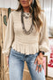 Smocked Ruffle Hem Unprinted Long Sleeve Blouse