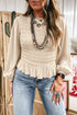 Smocked Ruffle Hem Unprinted Long Sleeve Blouse