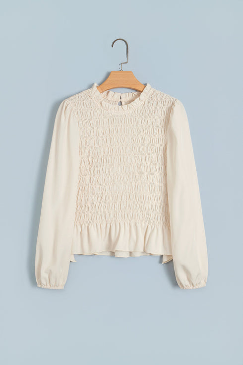 Smocked Ruffle Hem Unprinted Long Sleeve Blouse