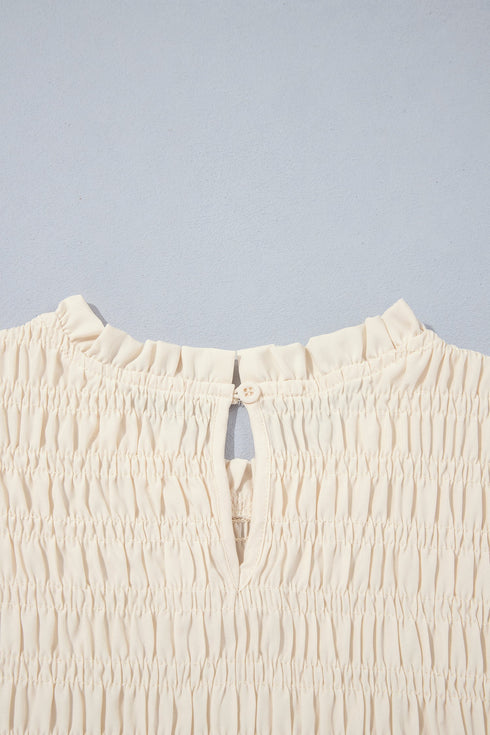 Smocked Ruffle Hem Unprinted Long Sleeve Blouse