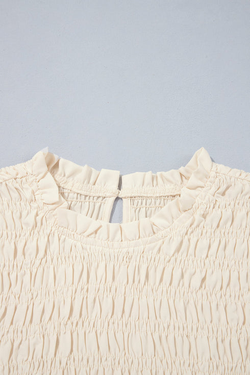 Smocked Ruffle Hem Unprinted Long Sleeve Blouse