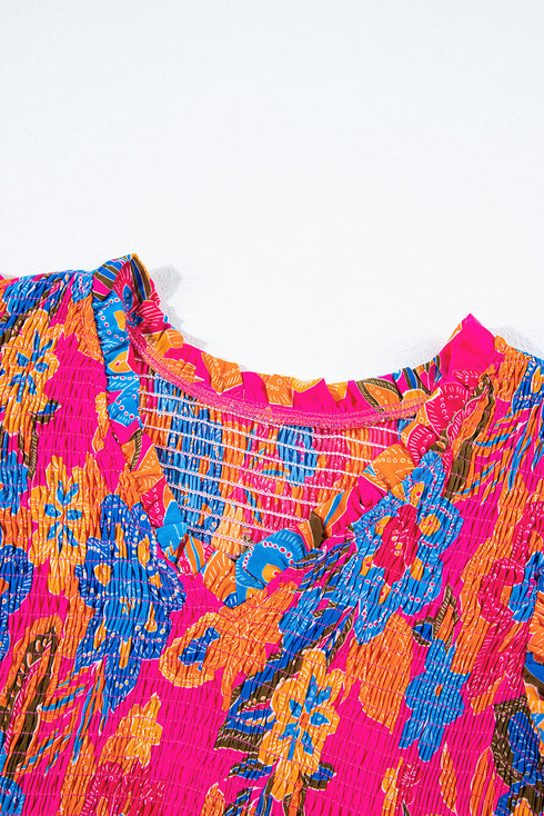 Smocked Ruffle Sleeve Botanical Print Woven Blouse
