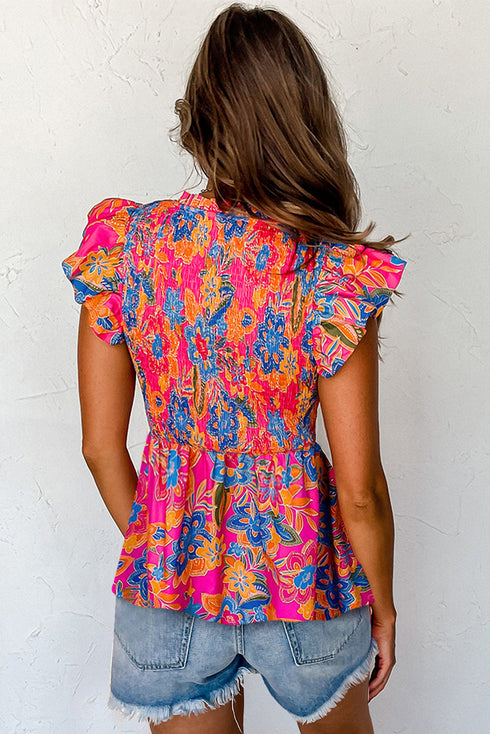 Smocked Ruffle Sleeve Botanical Print Woven Blouse
