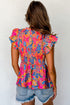 Smocked Ruffle Sleeve Botanical Print Woven Blouse