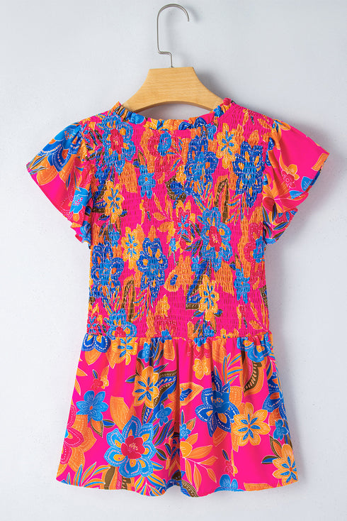 Smocked Ruffle Sleeve Botanical Print Woven Blouse