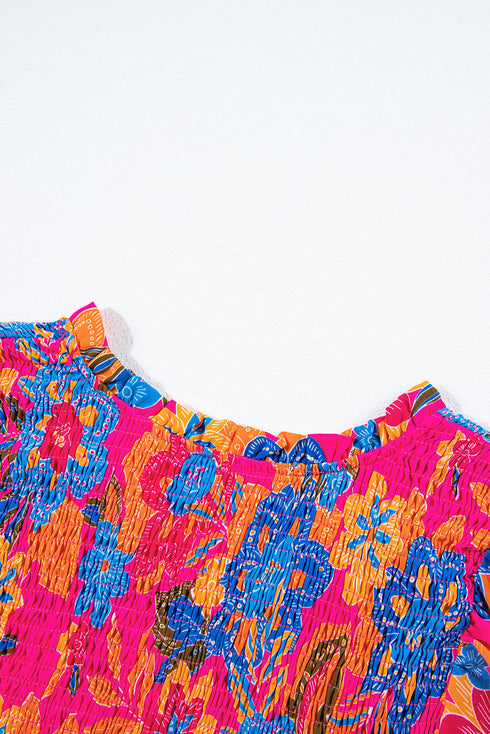 Smocked Ruffle Sleeve Botanical Print Woven Blouse