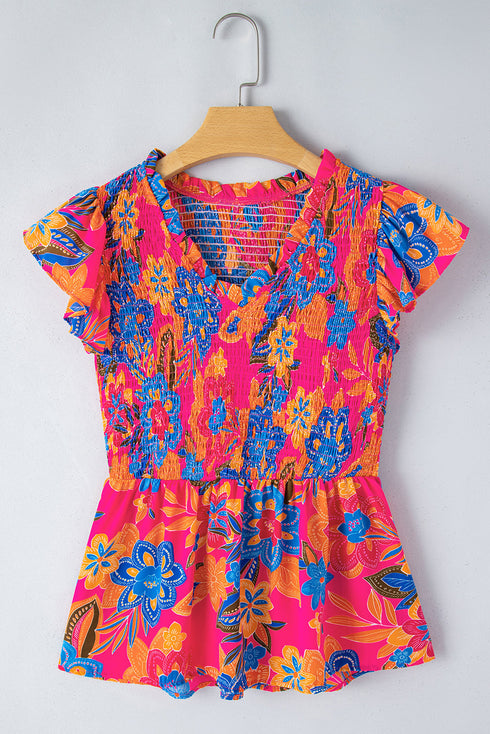 Smocked Ruffle Sleeve Botanical Print Woven Blouse