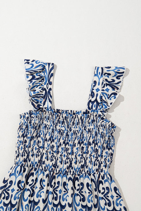 Smocked Ruffle Strap Boho Print Maxi Sundress