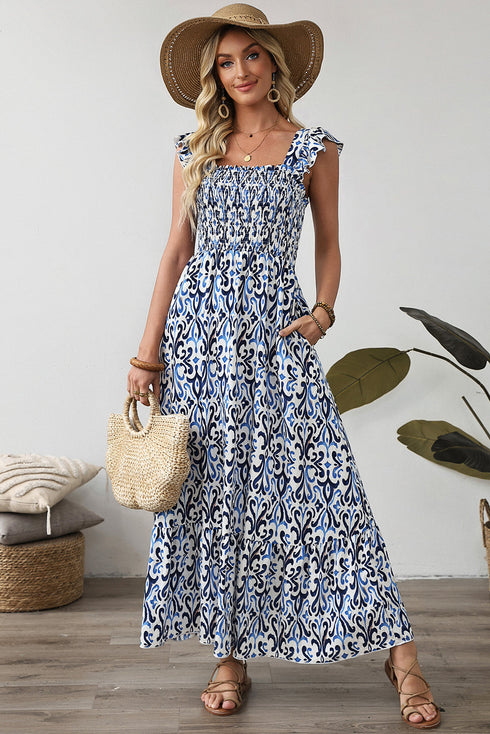 Smocked Ruffle Strap Boho Print Maxi Sundress