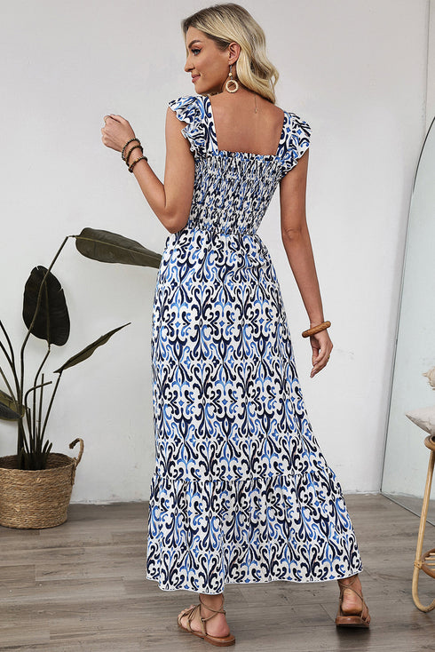 Smocked Ruffle Strap Boho Print Maxi Sundress