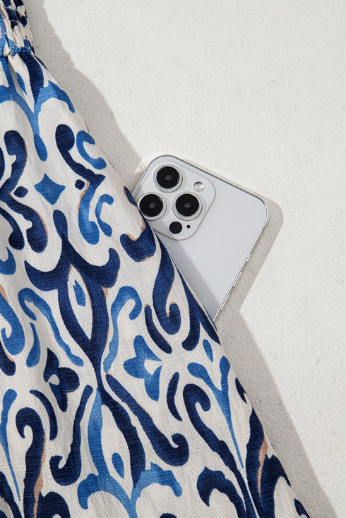 Smocked Ruffle Strap Boho Print Maxi Sundress