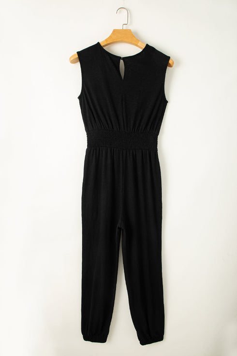 Smocked Shirred High Waist V Neck Sleeveless Jumpsuit
