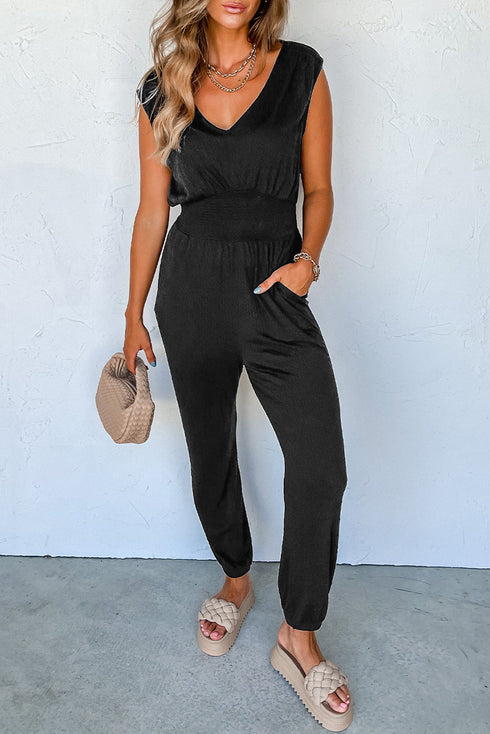 Smocked Shirred High Waist V Neck Sleeveless Jumpsuit