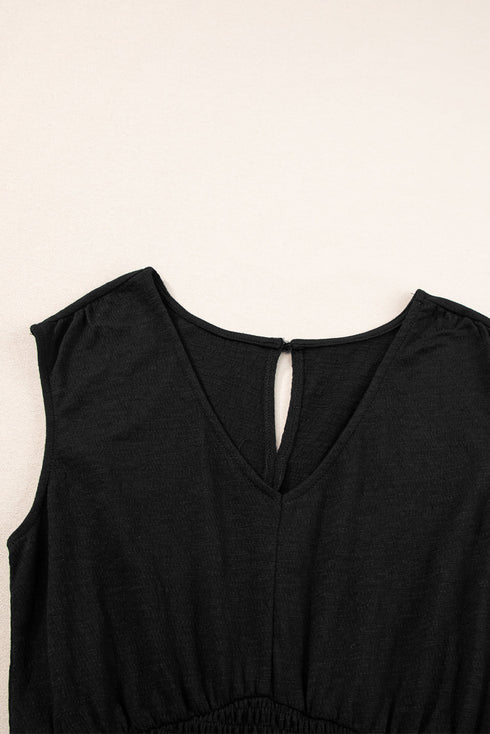 Smocked Shirred High Waist V Neck Sleeveless Jumpsuit