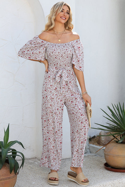 Smocked Short Sleeve Wide Leg Floral Print Jumpsuit
