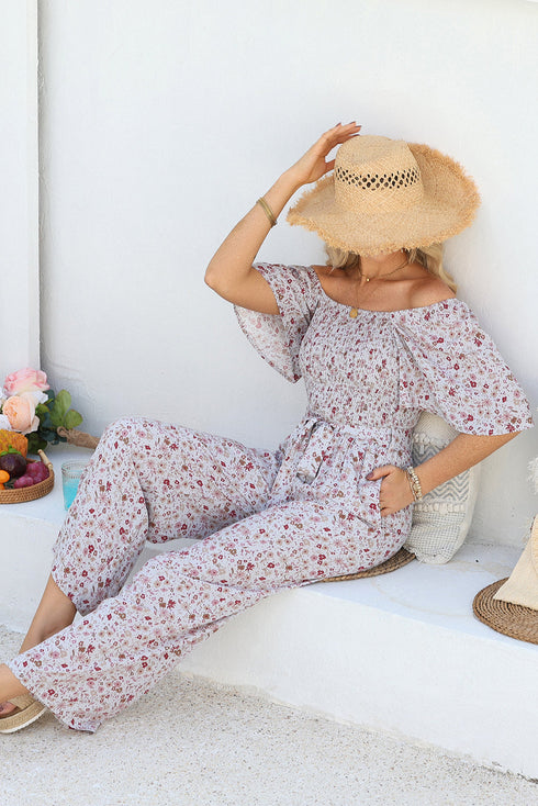 Smocked Short Sleeve Wide Leg Floral Print Jumpsuit