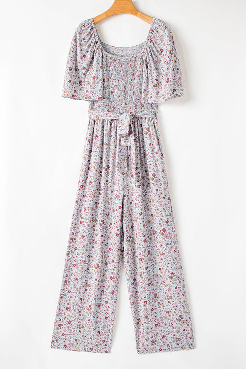 Smocked Short Sleeve Wide Leg Floral Print Jumpsuit