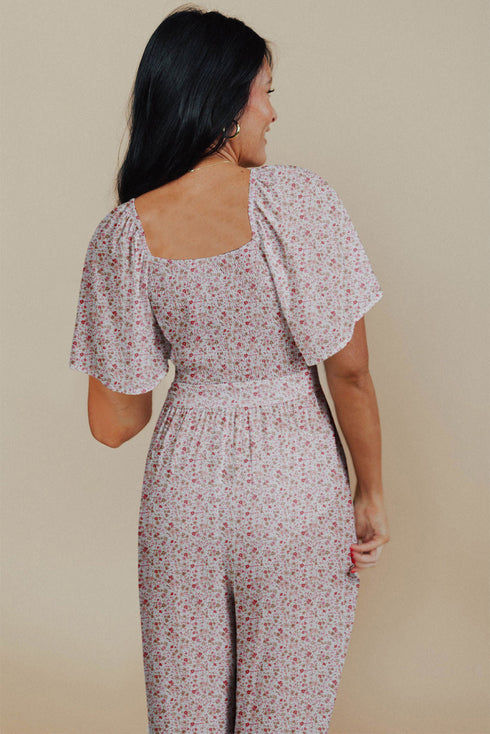 Smocked Short Sleeve Wide Leg Floral Print Jumpsuit