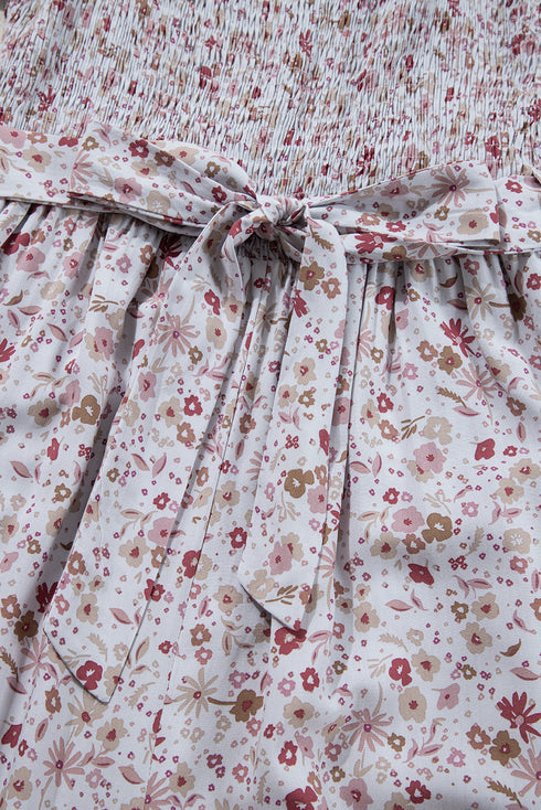Smocked Short Sleeve Wide Leg Floral Print Jumpsuit