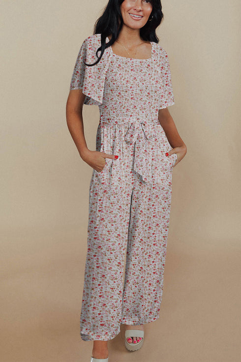 Smocked Short Sleeve Wide Leg Floral Print Jumpsuit