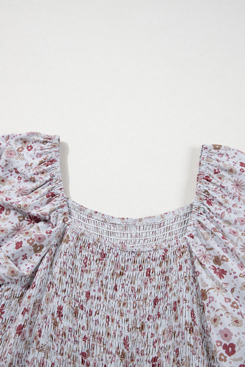 Smocked Short Sleeve Wide Leg Floral Print Jumpsuit