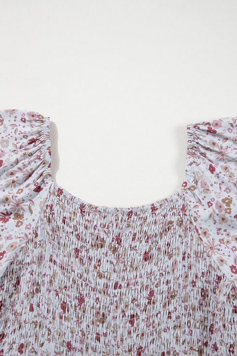 Smocked Short Sleeve Wide Leg Floral Print Jumpsuit