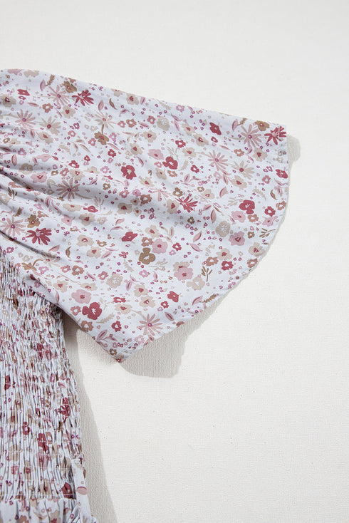 Smocked Short Sleeve Wide Leg Floral Print Jumpsuit