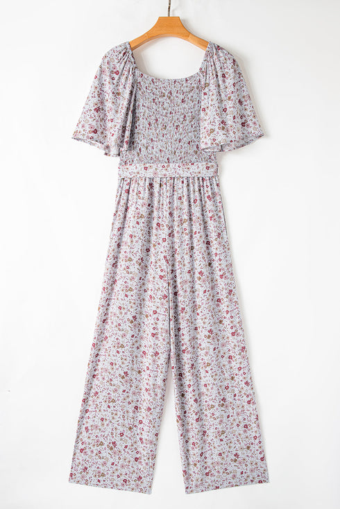 Smocked Short Sleeve Wide Leg Floral Print Jumpsuit
