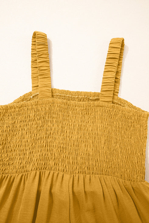 Smocked Sleeveless Solid Wide Leg Pocket Jumpsuit